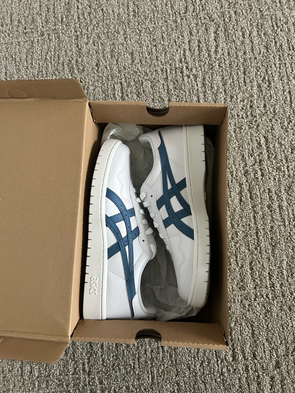 Brand new ASICS White Sneakers with Navy Blue Stripes